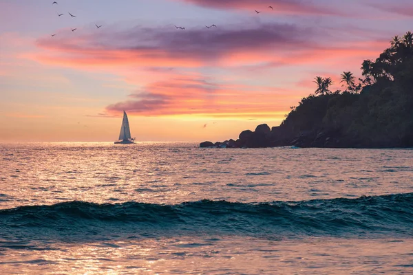 Отдых Заднем Плане Летний Красивый Морской Пейзаж Розовое Небо Закате — стоковое фото
