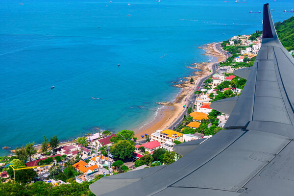 View from airplane at resort city coast Vung Tau 