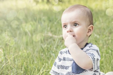 Doğa üzerinde açık çimenlerin üzerinde oturan iri güzel gözlü en yakışıklı