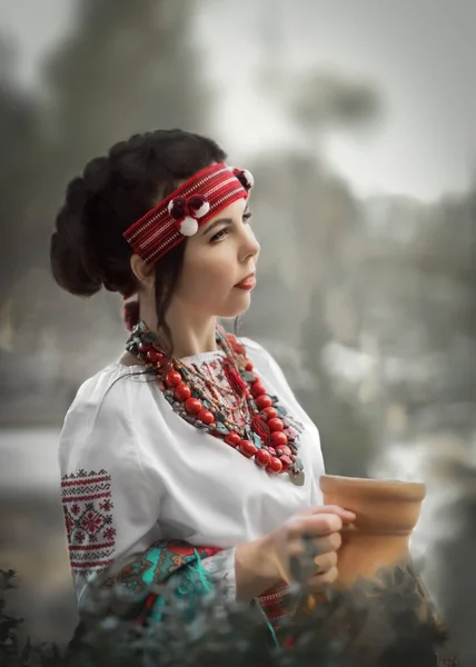 Um retrato de meia-cara de uma jovem bonita vestida com um traje popular ucraniano segurando um jarro de barro lá fora. Cosplay. — Fotografia de Stock