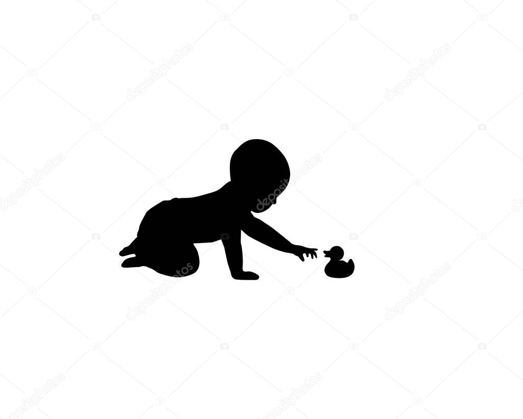 A silhouette of playing baby with toy on white background. Toddler crawling on the floor. A small child stretches his hand to toy duckling