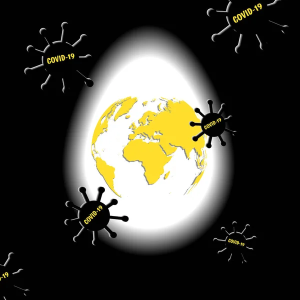 Planète Terre sous forme d'œuf de Pâques entouré de coronavirus. Coronavirus covid 19 Pandémie mondiale . — Image vectorielle