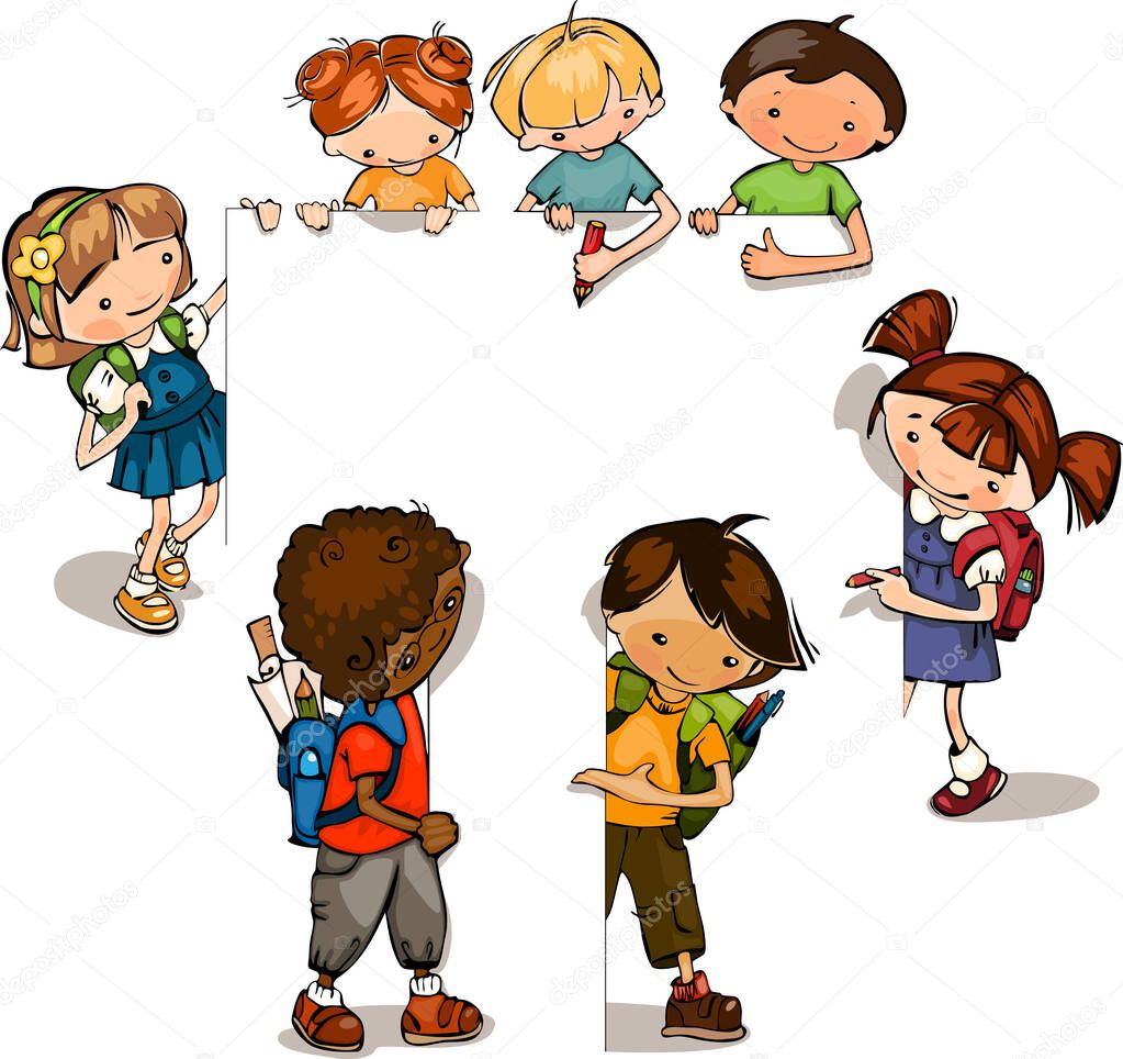 set of young international school  kids with banner