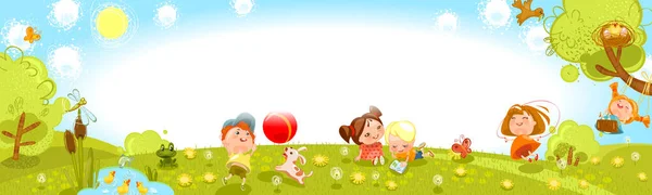Summer Banner Children Play Meadow — Stock Vector