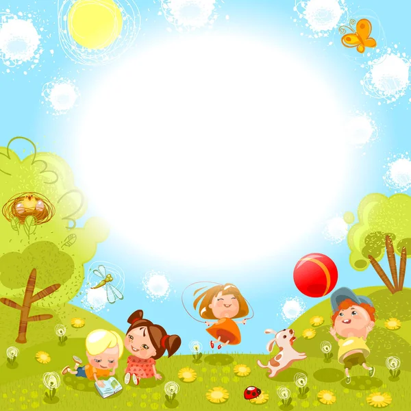 Summer Poster Children Play Meadow — Stock Vector