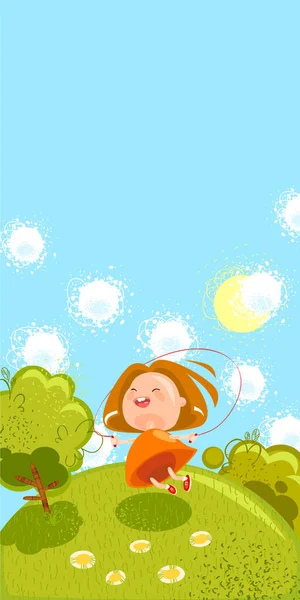 Little Joy Girl Jump Rope Lawn Royalty Free Stock Illustrations