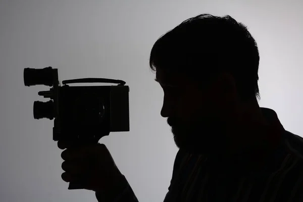 Silhouette bearded Man Movie Camera — Stock Photo, Image