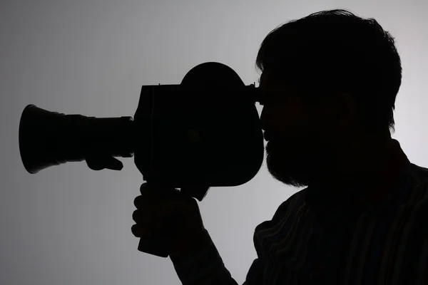 Silhouette bearded Man Movie Camera aside — Stock Photo, Image