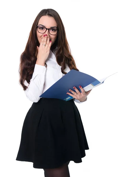 Surprised brunette in a white blouse in glasses — Stock Photo, Image