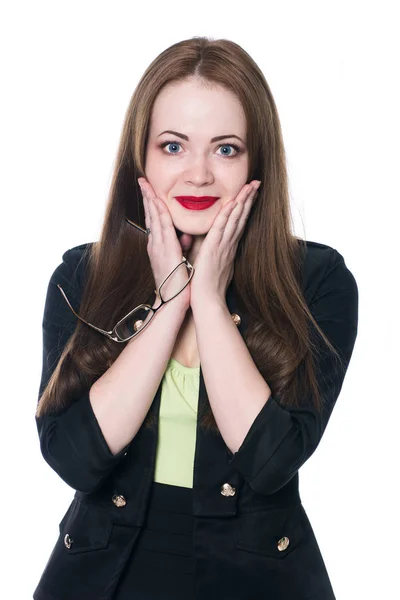 Shocked business woman holding hands on cheeks — Stock Photo, Image