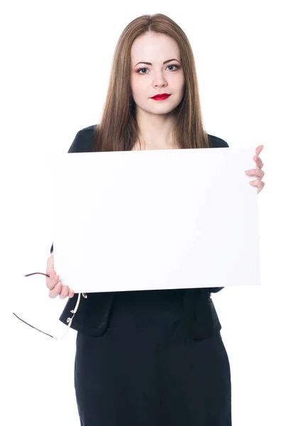 Pretty business woman holding a blank sign — Stock Photo, Image