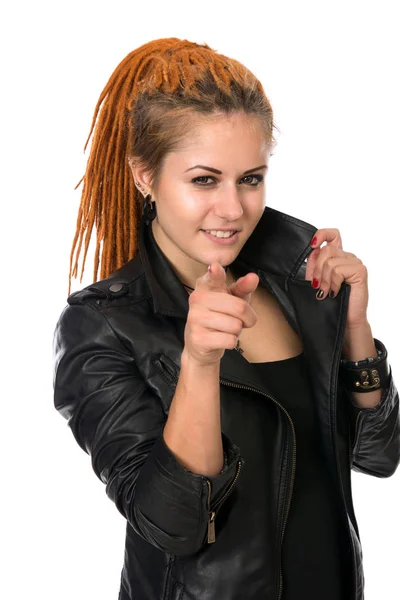 Egy fiatal nő, egy ujjal mutatva portréja — Stock Fotó