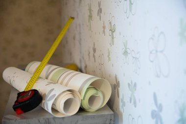 İki rulo duvar kağıdı ve bir ölçüm bandı