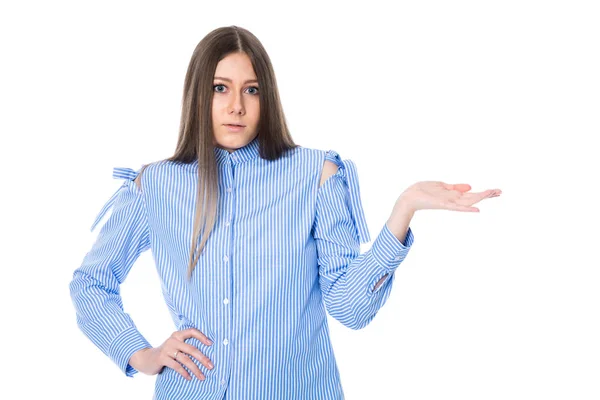 Young woman showing palm for advertising text — Stock Photo, Image