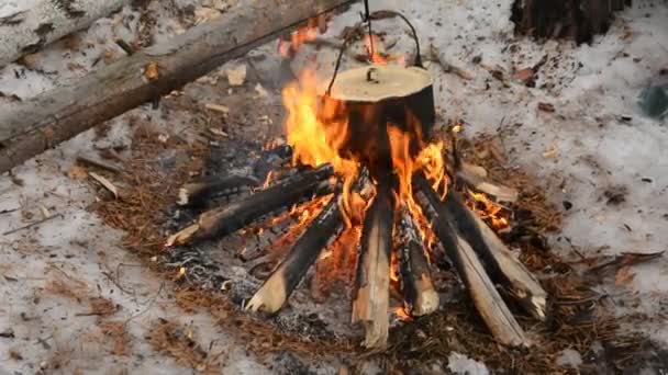 Nad ogniem w zimie na patelni — Wideo stockowe