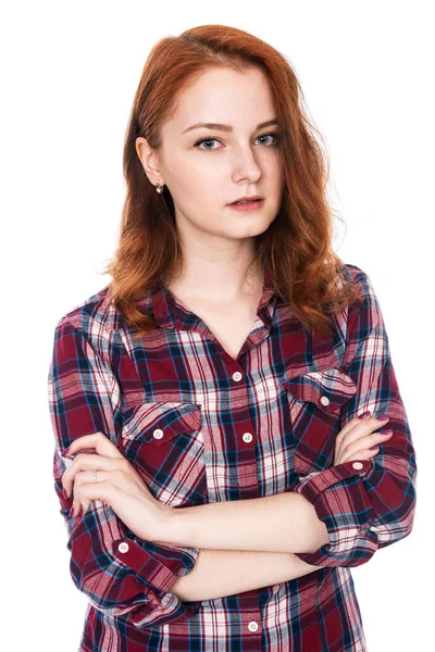 Retrato de uma bela menina ruiva isolada no fundo branco — Fotografia de Stock