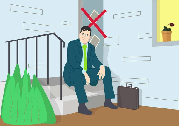 Mann im Anzug sitzt bei geschlossener Tür zu Hause — Stockvektor