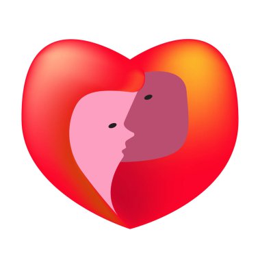 Kalp vektör çizimi şeklinde genç bir kadınla erkeğin birleşmesi. Soyut aşk kırmızısı