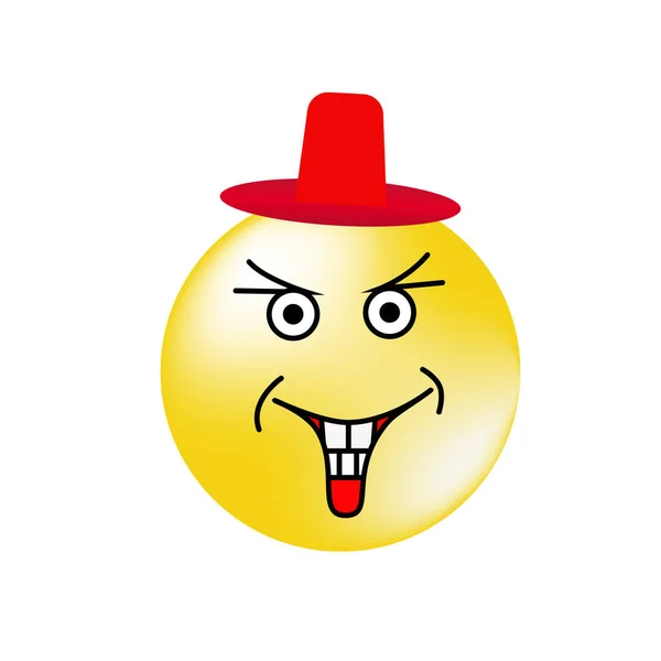 Laughing emoticon in a red hat looking. — Stock Vector