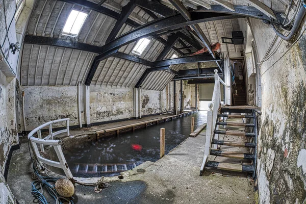 Abandoned Boathouse Interior Urban Exploration Hdr Fisheye Shot — Stock Photo, Image