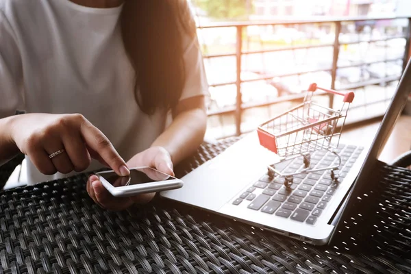 Woman and Small shopping cart with Laptop for Internet online sh