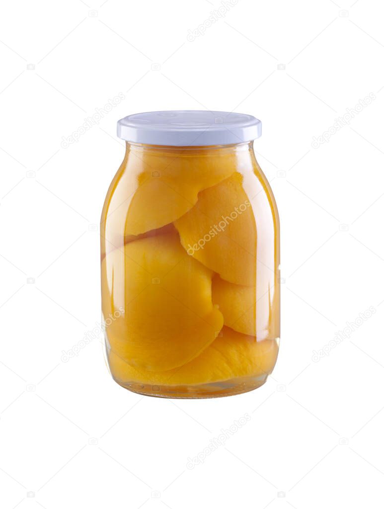 Canned peaches in glass jar 1000 ml, isolated on white background.