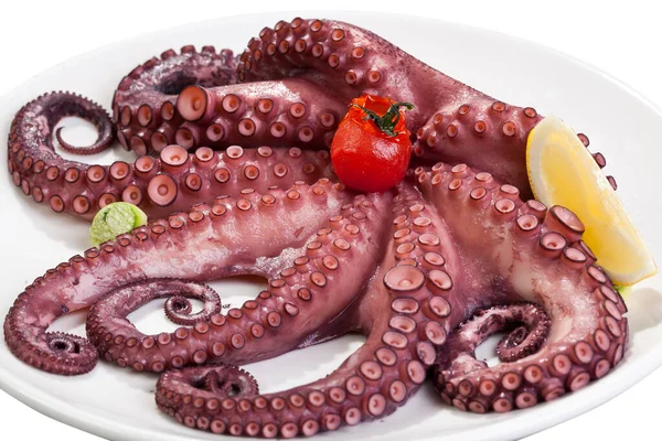 Hele Octopus Gegarneerd Met Een Schijfje Citroen Kerstomaat Een Plaat — Stockfoto