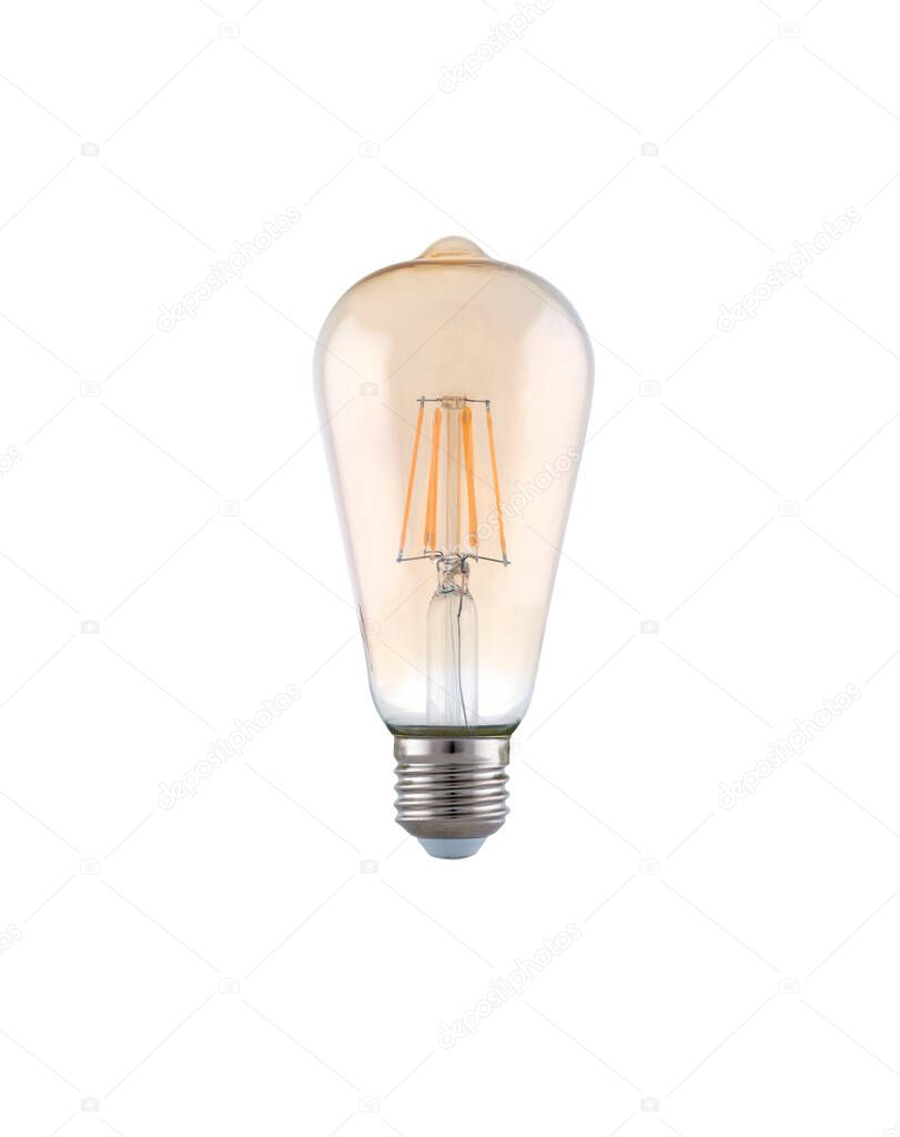 Bulb with a transparent balloon with yellow light and pear-shaped, isolated on a white background