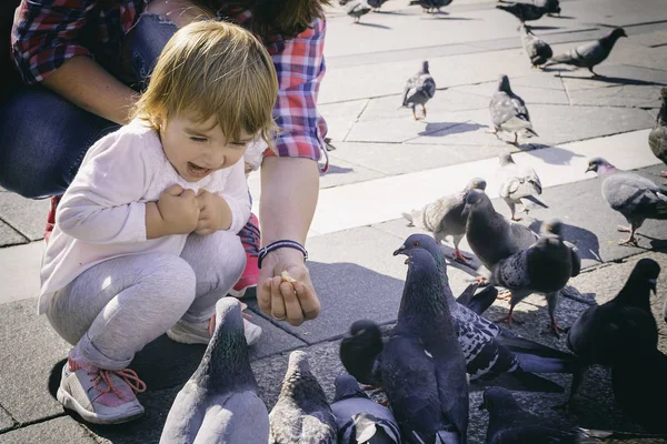 Milan, İtalya Mayıs 2017: küçük kız gülümseyerek güvercinler ile eğlenceli vardır