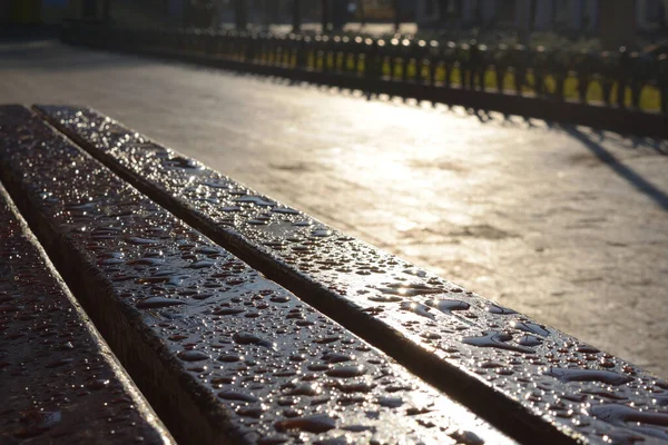 Tahta bir park bankında çiy damlaları ve demir kenarları. Dawn..