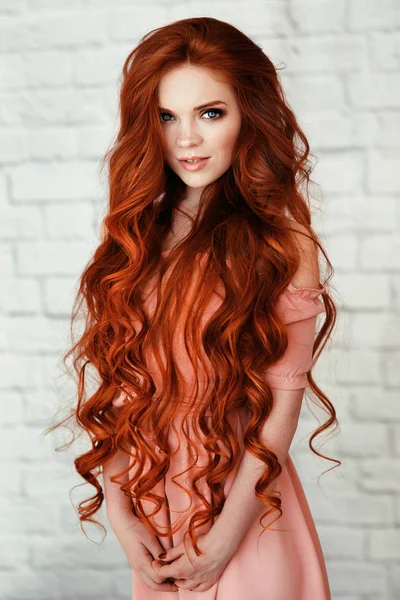 Hermosa chica con el pelo largo rojo Fotos de stock