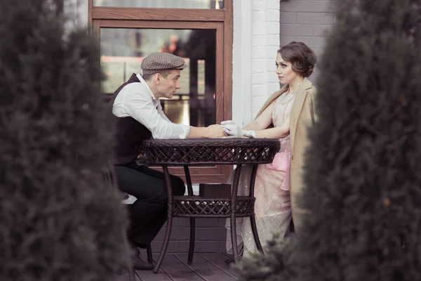 Young Man Woman Sitting Table Cafe Talking Something Clothing Retro — Stock Photo, Image