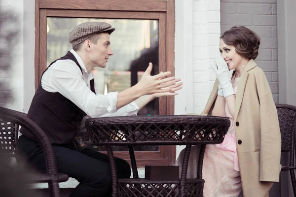 Young Man Woman Sitting Table Cafe Talking Something Woman Laughing — Stock Photo, Image