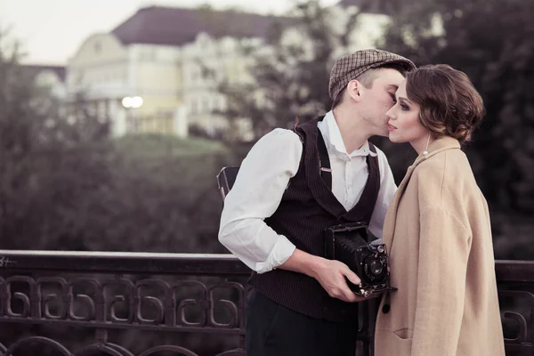 Young Man Woman Stand Park Metal Fence Hug Man Holding — Stock Photo, Image