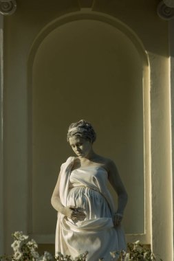 Live sculpture of a young woman pregnant in full growth, against the background of a yellow building with white columns clipart