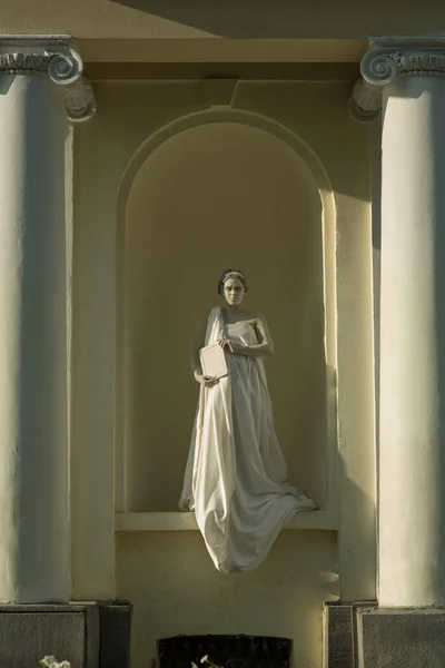 Живая Скульптура Молодой Женщины Беременной Длинном Белом Платье Книгой Полный — стоковое фото