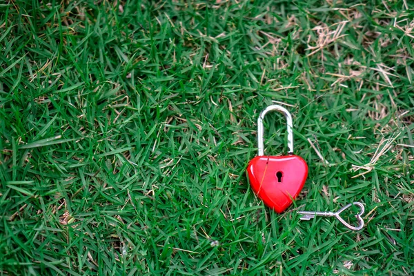 Κλειδί κόκκινες καρδιές για το γκαζόν, η έννοια της αγάπης και του Αγίου Βαλεντίνου — Φωτογραφία Αρχείου