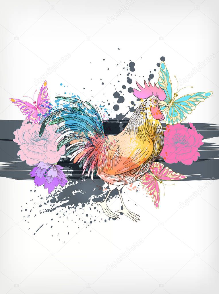 Watercolor colorful cock