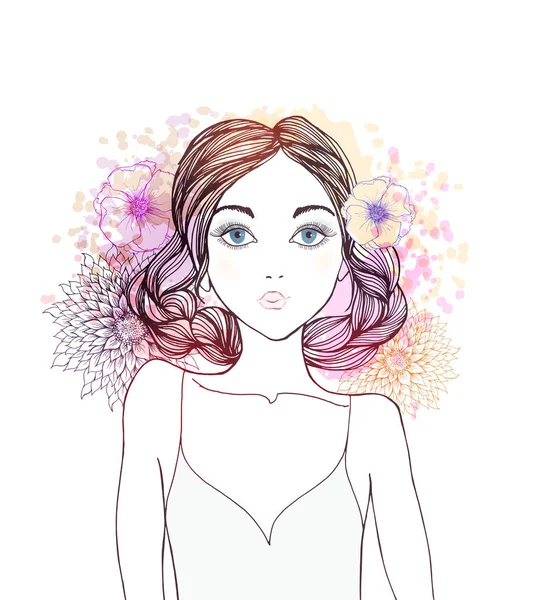 Femme avec des fleurs abstraites colorées — Image vectorielle