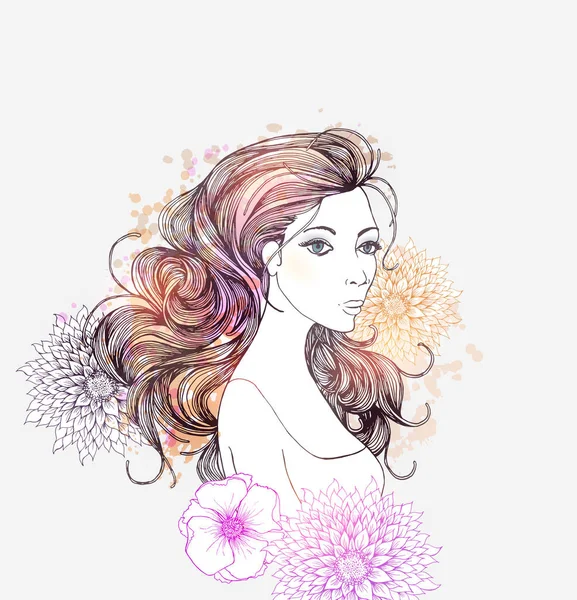 Femme avec des fleurs abstraites colorées — Image vectorielle