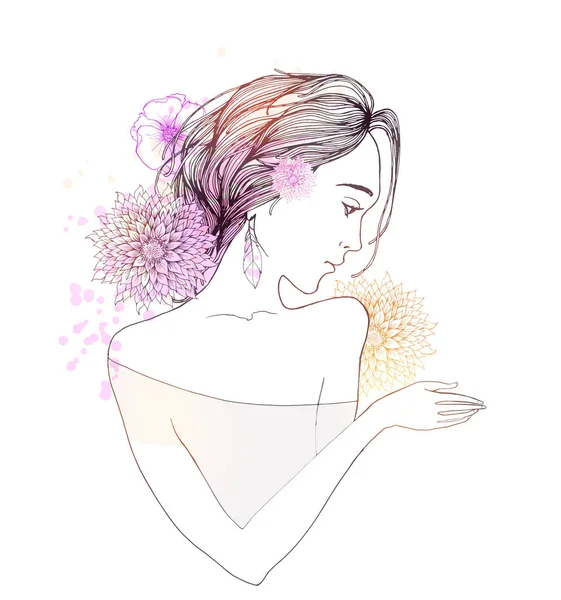抽象的なカラフルな花を持つ女性 — ストックベクタ