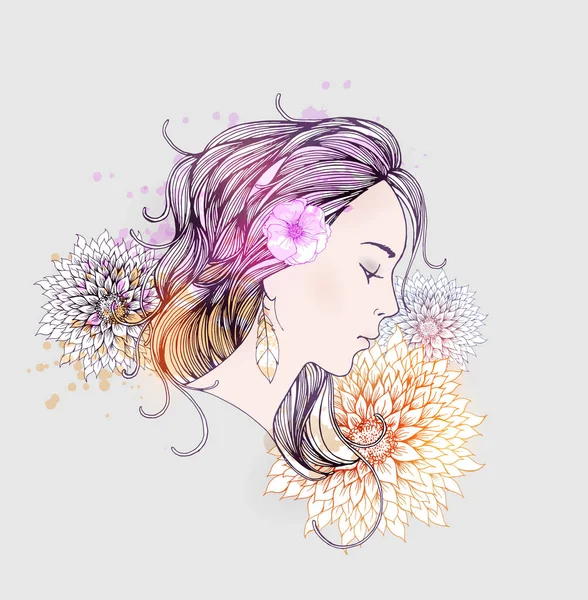 Mujer con flores coloridas abstractas — Vector de stock