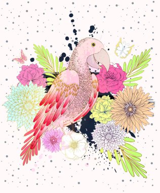 pembe papağan ve renkli çiçekler