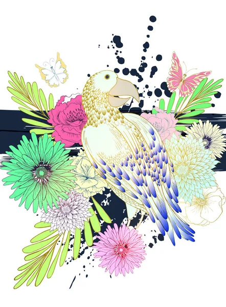 Loro colorido y flores — Archivo Imágenes Vectoriales