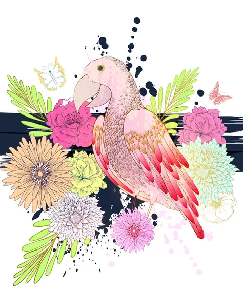 Loro rosa y flores de colores — Vector de stock