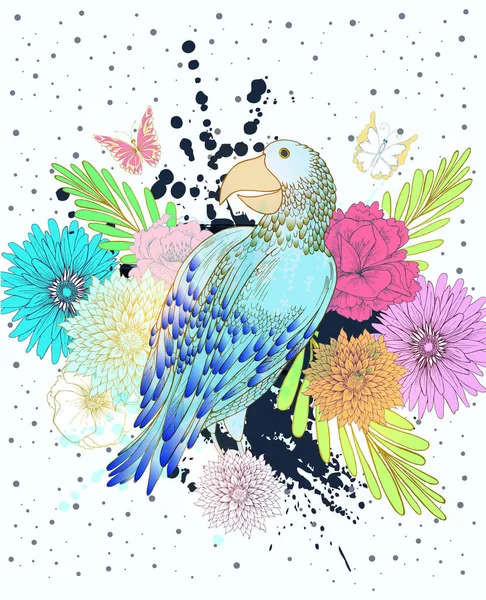 Loro azul y flores de colores — Vector de stock