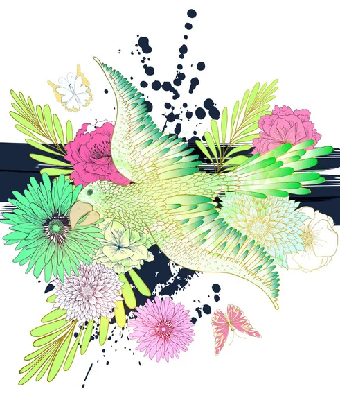 Perroquet bleu et fleurs colorées — Image vectorielle