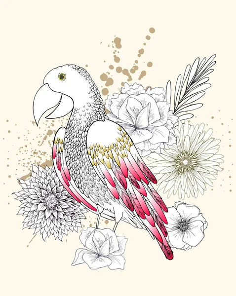Красивый попугай с цветами — стоковый вектор