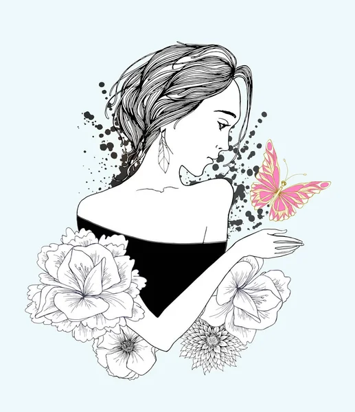 Žena s květinami a motýl — Stockový vektor