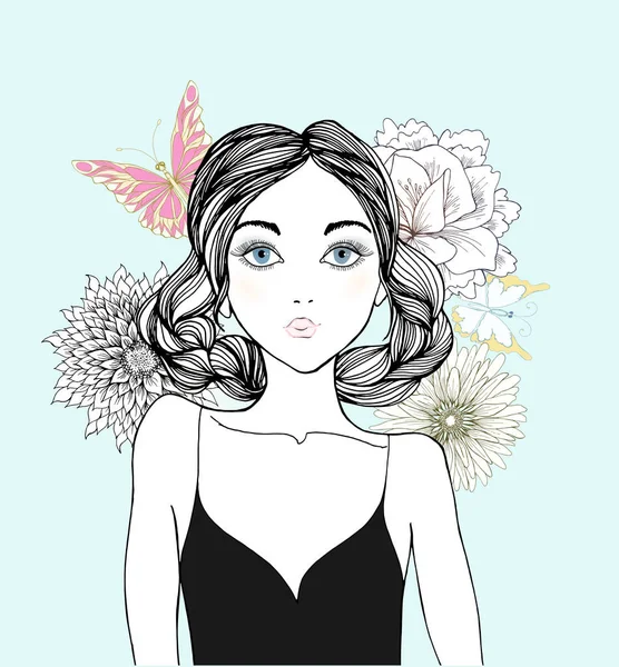 Femme aux fleurs et papillon — Image vectorielle